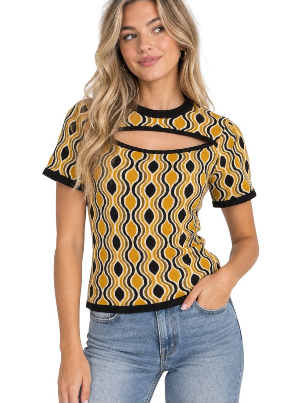 ASOS DESIGN Retro 70s Mod Geometric Knit Cutout Top Brown Yellow Small